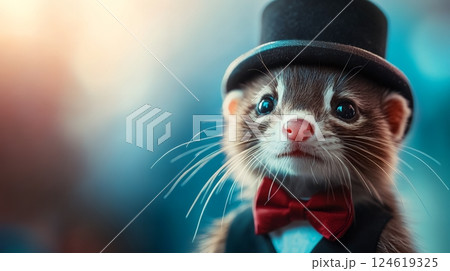 A charming ferret dressed in a top hat and bow tie, exuding elegance and whimsy 124619325