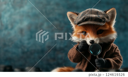 A clever fox dressed as a detective, holding a magnifying glass with a curious expression 124619326