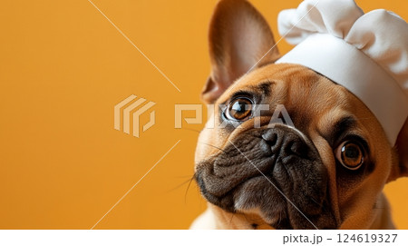 A cute bulldog wearing a chef hat, showcasing its playful and humorous side 124619327