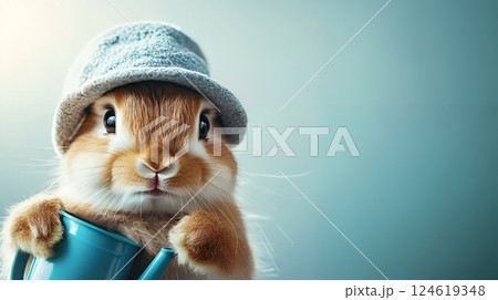 Endearing bunny holding a watering can, embodying cuteness and curiosity on a soft background 124619348