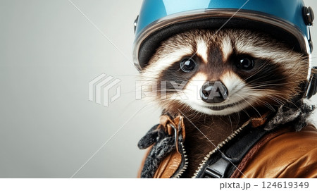 Playful raccoon wearing a motorcycle helmet, combining adventure and whimsy with a smile 124619349