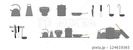 Kitchen utensils set. Vector stock illustration isolated on background for design template cuisine recipe book, menu cafe, restaurant, bistro, canteen, mess hall, lunchroom in school kindergarten. Kitchen utensils set. Vector stock illustration isolated on background for design template cuisine recipe book, menu cafe, restaurant, bistro, canteen, mess hall, lunchroom in school kindergarten. 124619365