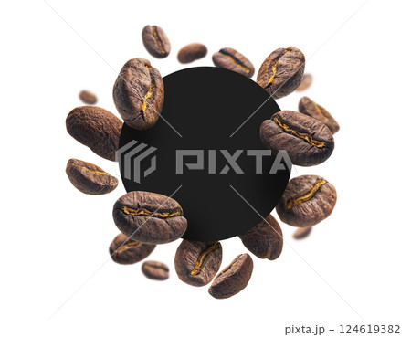 Coffee beans on a white background with a black circle in the center 124619382