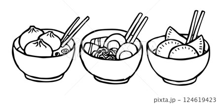asian cuisine, noodle and dumplings dishes set, cute doodle illustration	 124619423