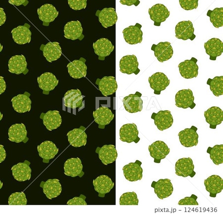 Artichokes seamless pattern on a black transparent background. Vector flat concept of healthy food and ecological vegetables. Design for menu, package, cosmetic, textile. Eat green 124619436