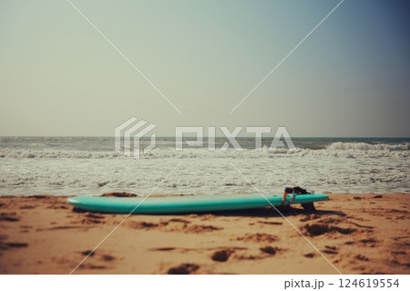 Surfboard on Beach Facing Ocean Waves Surfboard on Beach Facing Ocean Waves 124619554