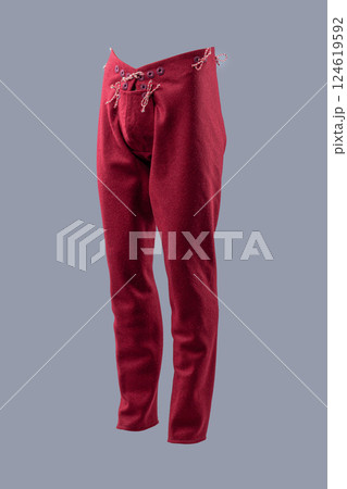 Bold Red Medieval Wool Trousers with Lacing. Striking legwear in a vibrant red hue, featuring a traditional laced front. 124619592