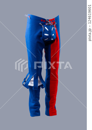Colorful Medieval Wool Hose with Unique Design. Eye-catching legwear featuring vibrant blue and red sections with decorative details. 124619601