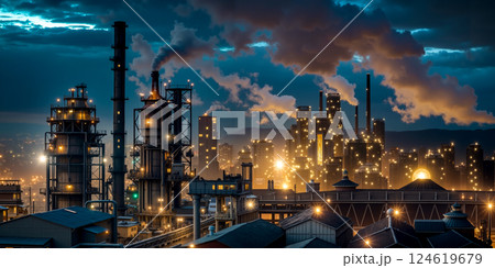 A city skyline at night with smoke coming out...のイラスト素材 [124619679] - PIXTA