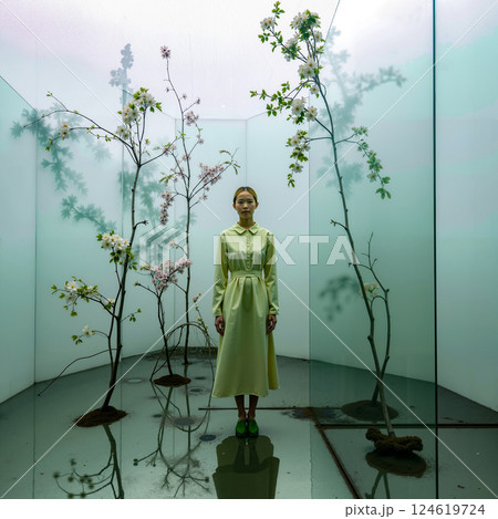 A woman in a green dress standing in front of a tree 124619724