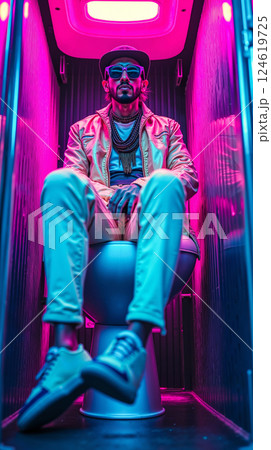 A man sitting on a toilet in a room with neon lights 124619725