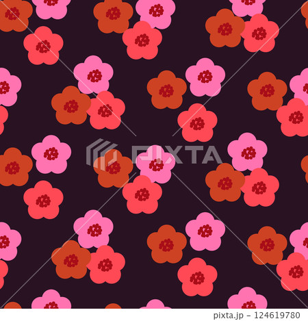 Retro bold floral vector vibrant pink red background. Surface pattern design in style of hippie. Vintage groovy daisy flowers in modern 60s, 70s, 80s style for textile, stationery, wrapping paper 124619780