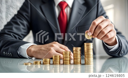 Businessperson stacking coins on a desk symbolizing financial growth 124619805