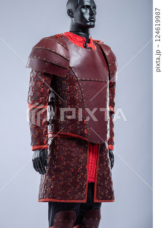 Profile View of Brown Leather Fantasy Armor Set. Mannequin in full costume with intricate details and red accents. Profile View of Brown Leather Fantasy Armor Set. Mannequin in full costume with intricate details and red accents. 124619987