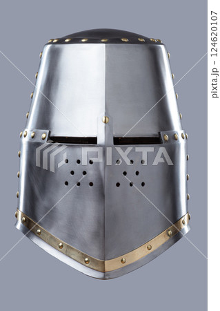 Silver Great Helm with Ventilation Holes. This image shows a shiny silver great helm, a type of medieval helmet, with a flat top, narrow eye slits, and numerous small ventilation holes on the front. 124620107