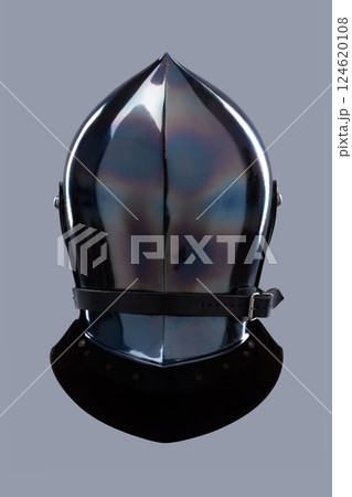 Dark Shiny Closed Helmet with Ventilation Holes. This image shows a dark, shiny helmet, possibly made of blackened steel, with a smooth, rounded shape and several small ventilation holes on the front. Dark Shiny Closed Helmet with Ventilation Holes. This image shows a dark, shiny helmet, possibly made of blackened steel, with a smooth, rounded shape and several small ventilation holes on the front. 124620108