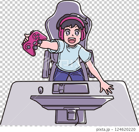 一個男孩在電腦上玩遊戲的插圖 124620220