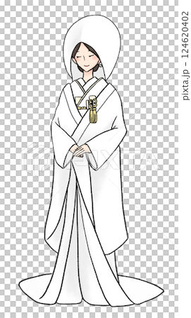 Illustration of a woman wearing a white kimono with a cotton hat Illustration of a woman wearing a white kimono with a cotton hat 124620402