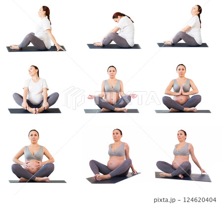 Pregnant woman is engaged in yoga. Butterfly Pose or Baddha Konasana 124620404