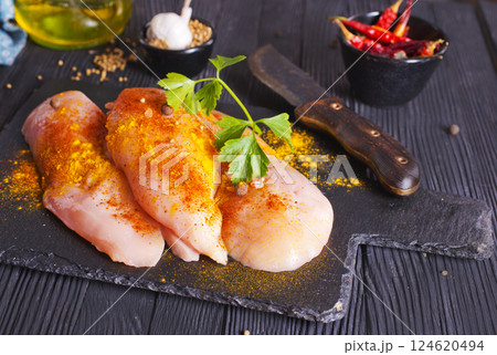 Raw fresh chicken fillet Ogranic food,healthy eating.Food concept.Top view.Chicken breast Fillets 124620494