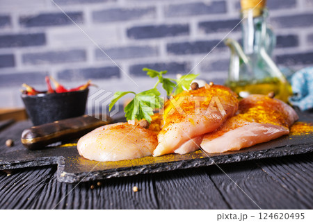 Raw fresh chicken fillet Ogranic food,healthy eating.Food concept.Top view.Chicken breast Fillets 124620495