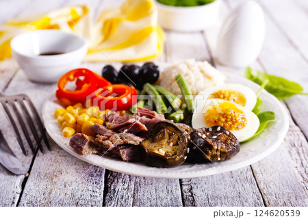 diet breakfast on white plate diet breakfast on white plate 124620539