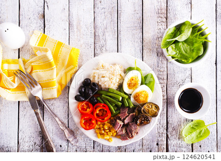 diet breakfast on white plate diet breakfast on white plate 124620541