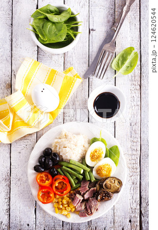 diet breakfast on white plate diet breakfast on white plate 124620544