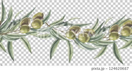 Green olive branches watercolor seamless border. Hand drawn isolated floral banner with Greek traditional tree, summer italian motif background for kitchen utensils,textile,fabric,wallpaper design Green olive branches watercolor seamless border. Hand drawn isolated floral banner with Greek traditional tree, summer italian motif background for kitchen utensils,textile,fabric,wallpaper design 124620687