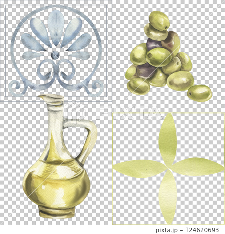 Greek ancient ornament watercolor seamless pattern with floral mosaic, olives bunch and oil glass jug illustrations. Geometric hand drawn background,italian style clipart for wallpaper,kitchen design Greek ancient ornament watercolor seamless pattern with floral mosaic, olives bunch and oil glass jug illustrations. Geometric hand drawn background,italian style clipart for wallpaper,kitchen design 124620693