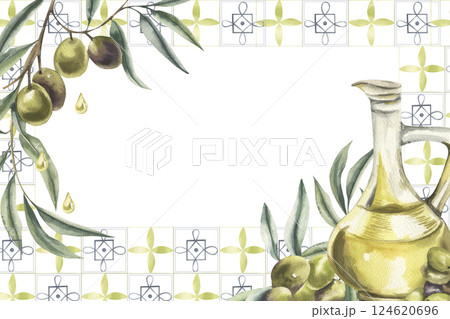 Greek ornament and food watercolor banner template with ancient floral mosaic,olive oil glass jug,olives bunch branches illustration.Botanical frame,spain modern clipart for home decor,packing design Greek ornament and food watercolor banner template with ancient floral mosaic,olive oil glass jug,olives bunch branches illustration.Botanical frame,spain modern clipart for home decor,packing design 124620696