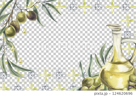 Greek ornament and food watercolor banner template with ancient floral mosaic,olive oil glass jug,olives bunch branches illustration.Botanical frame,spain modern clipart for home decor,packing design Greek ornament and food watercolor banner template with ancient floral mosaic,olive oil glass jug,olives bunch branches illustration.Botanical frame,spain modern clipart for home decor,packing design 124620696