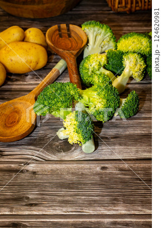 Vegetables on old wooden background overhead close up shoot 124620981