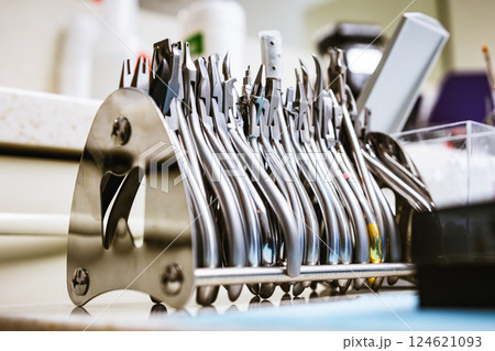 Sterilized orthodontic instruments prepared for dental treatment 124621093