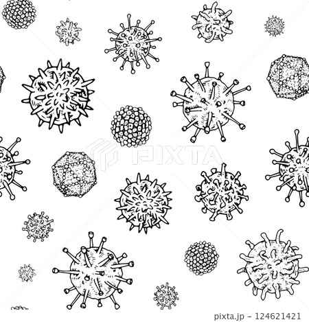 Seamless vector pattern of hand drawn viruses and cells in black and white. Perfect for medical and healthcare designs, illustrating infection prevention, immunity, and pandemic concepts Seamless vector pattern of hand drawn viruses and cells in black and white. Perfect for medical and healthcare designs, illustrating infection prevention, immunity, and pandemic concepts 124621421