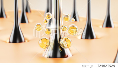 3d hair care macro background. Scalp with gold oil bubbles, collagen serum or nourish shampoo. Healthy strong hair on skin surface with liquid cosmetic spheres, essence ball drops. 3D illustration 3d hair care macro background. Scalp with gold oil bubbles, collagen serum or nourish shampoo. Healthy strong hair on skin surface with liquid cosmetic spheres, essence ball drops. 3D illustration 124621529