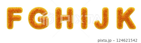 3d fur type font, fluffy alphabet letters F, G, H, I, J, K with yellow orange gradient hairy texture. Furry plush, shaggy text characters. Soft fuzzy English abc, isolated render set. 3D illustration 124621542