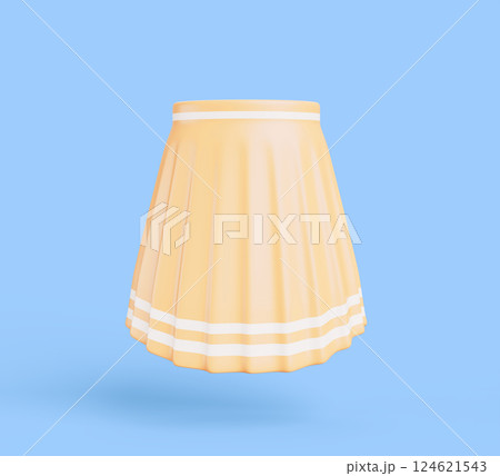 3d yellow women skirt with white stripes and folds isolated on blue background. Render cartoon mockup of midi length pleated girl skirt. Fashion female satin clothes template. 3D illustration 3d yellow women skirt with white stripes and folds isolated on blue background. Render cartoon mockup of midi length pleated girl skirt. Fashion female satin clothes template. 3D illustration 124621543