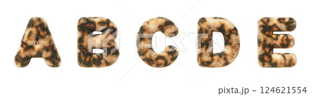 3d leopard font, fluffy alphabet letters A, B, C, D, E with animal fur texture and spotted pattern. Furry plush and shaggy English letters with cheetah skin print, isolated render set. 3D illustration 124621554