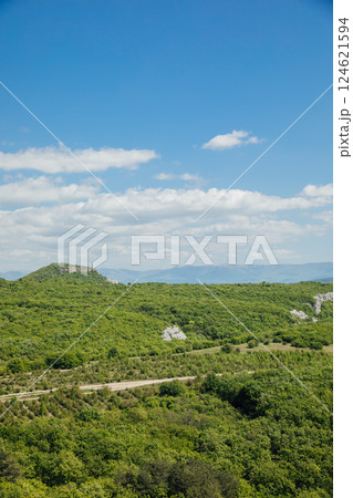 Beautiful scenery from the top of the cliff to the mountain forest Beautiful scenery from the top of the cliff to the mountain forest 124621594