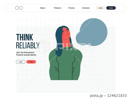 Thinking people, modern flat vector concept illustration- woman standing thoughtfully, looking upwards, bubble near head Metaphor for reflection, analysis, introspection, contemplation, deep thought 124621833