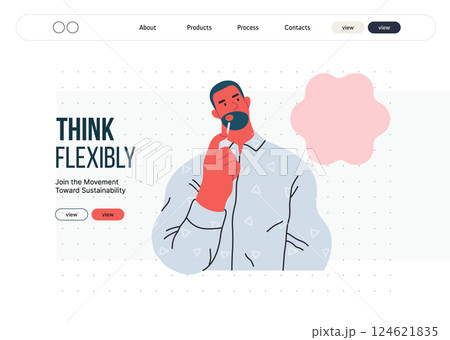 Thinking people, modern flat vector concept illustration- man standing thoughtfully, looking upwards, bubble near his head Metaphor for reflection, analysis, introspection, contemplation, deep thought 124621835