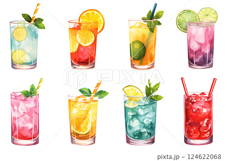 Set of Mojito tropical cocktails. Hand drawn watercolor summer refreshing alcoholic drink set. Set of Mojito tropical cocktails. Hand drawn watercolor summer refreshing alcoholic drink set. 124622068
