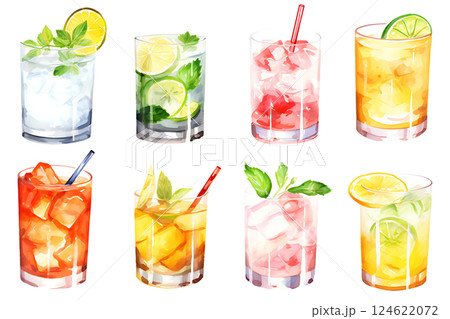 Set of Mojito tropical cocktails. Hand drawn watercolor summer refreshing alcoholic drink set. 124622072