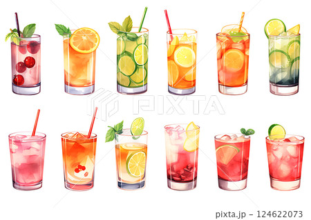 Set of Mojito tropical cocktails. Hand drawn watercolor summer refreshing alcoholic drink set. 124622073