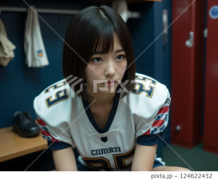 ロッカールームの椅子に座って向こうを見るアメフト選手 124622432