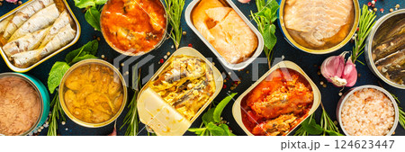 A top view of open tin cans with canned salmon, mackerel, sprat, sardine, tuna, herring, and fish pate, surrounded by spices and herbs on a blue background, banner A top view of open tin cans with canned salmon, mackerel, sprat, sardine, tuna, herring, and fish pate, surrounded by spices and herbs on a blue background, banner 124623447