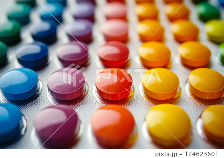 Colorful tablets in a blister pack with vibrant surface texture 124623601