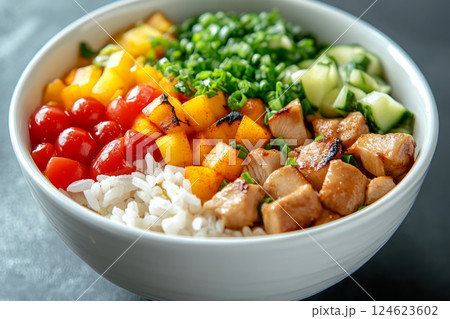 Rice dish with meat and vegetables in ceramic bowl 124623602