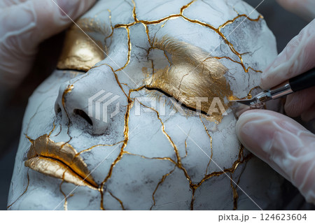 Sculpture of a broken face with crack lines under repair 124623604